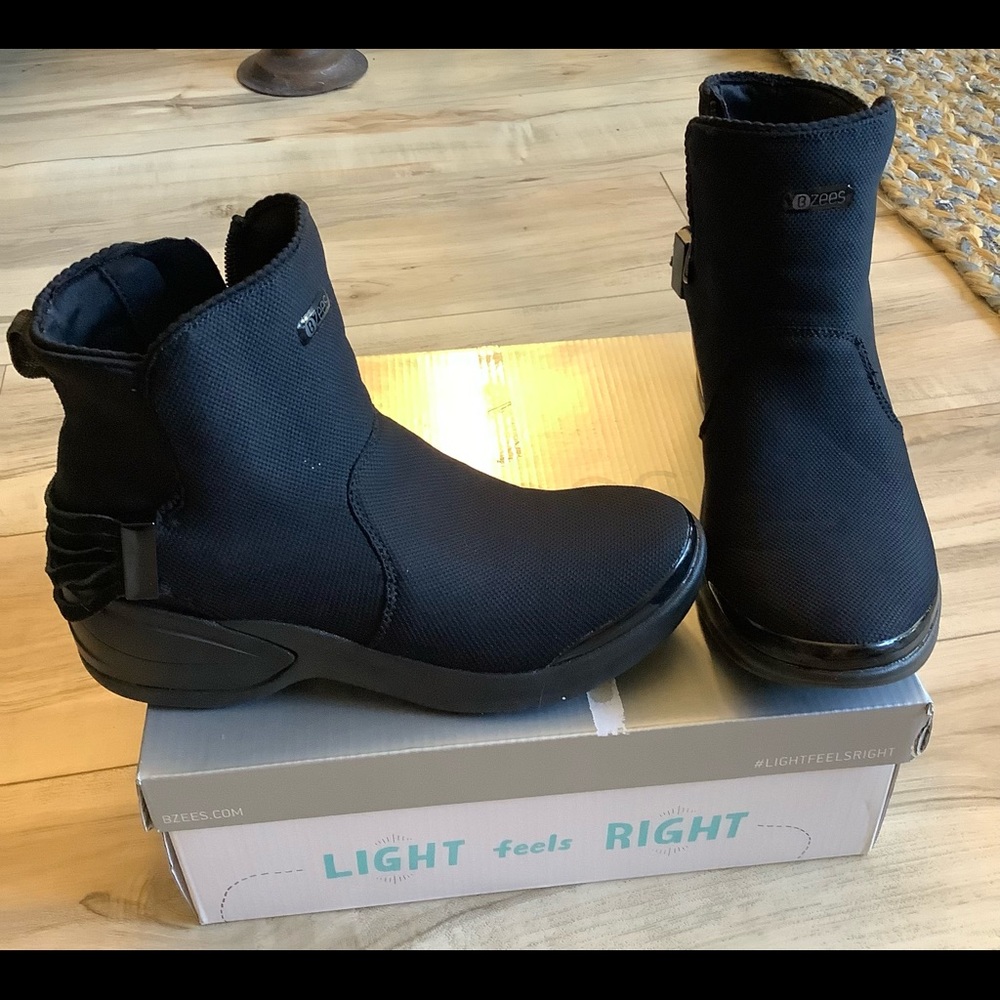 Mojo Black knit ankle boot with weatherproof soles. Light weight.